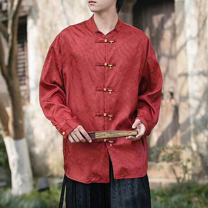 Buddha Stones中国風 カエルボタン 竹模様 スタンドカラー メンズ 長袖シャツ - ファイアブリック - US/UK/AU46、 EU56 (5XL) - image 18