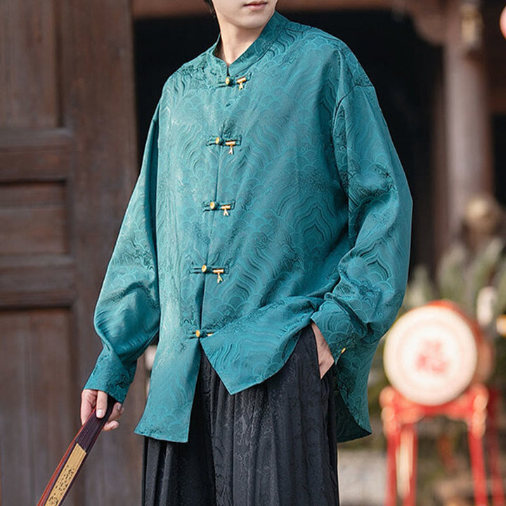 Buddha Stones中国風 カエルボタン 竹模様 スタンドカラー メンズ 長袖シャツ - ライトシーグリーン - US/UK/AU46、 EU56 (5XL) - image 26