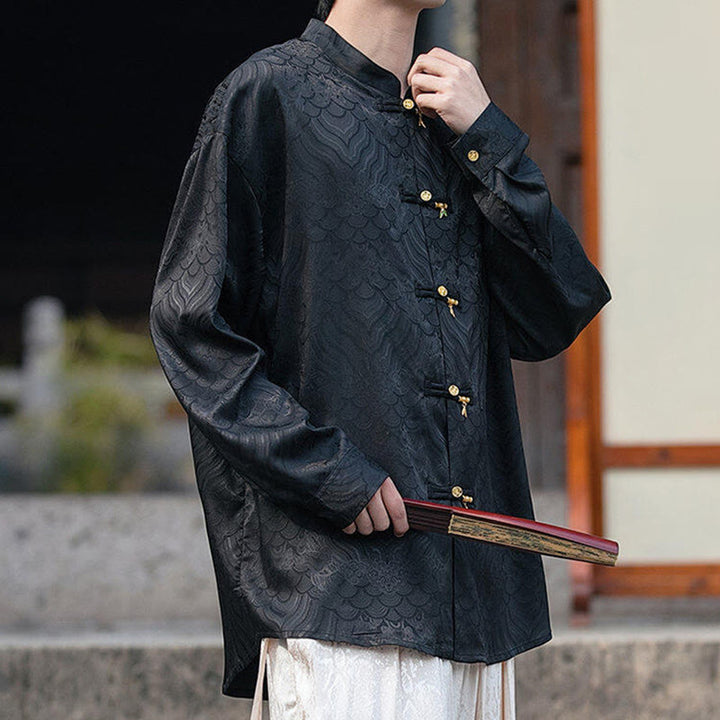 Buddha Stones中国風 カエルボタン 竹模様 スタンドカラー メンズ 長袖シャツ - image 11