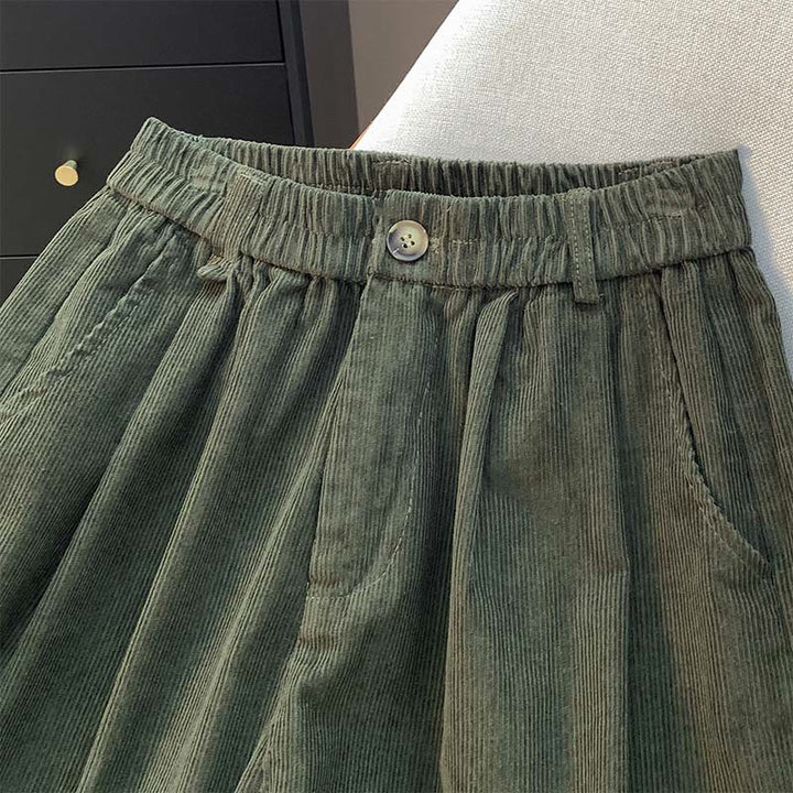 Buddha Stones無地 伸縮性ウエストバンドデザイン レディース ワイドレッグ コーデュロイ コットンパンツ ポケット付き - image 1