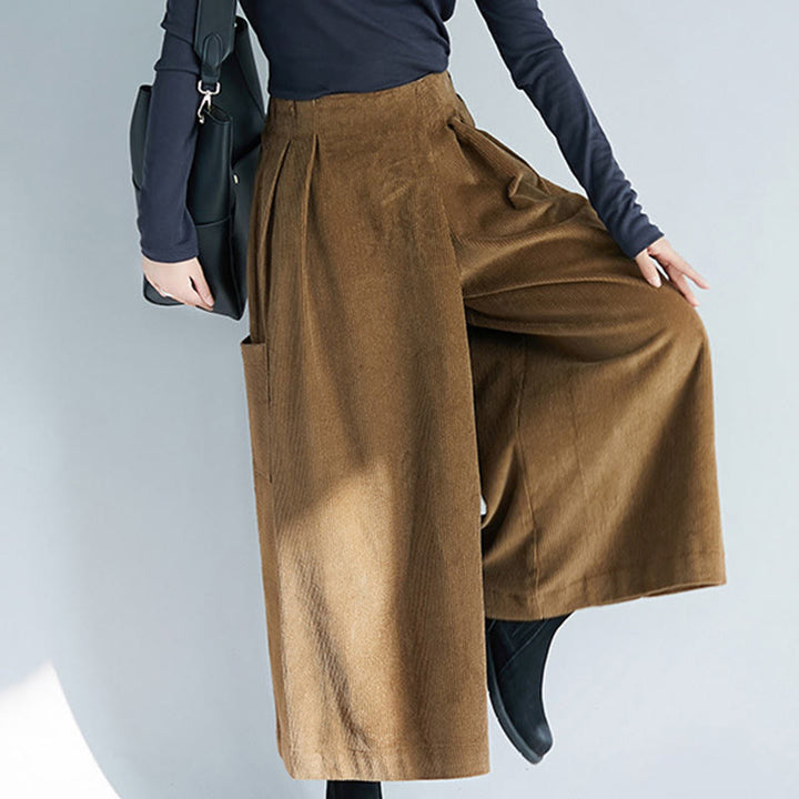 Buddha Stonesレディース プレーンサイドジッパーデザイン ワイドレッグ コーデュロイ 7-8丈パンツ ポケット付き - image 4