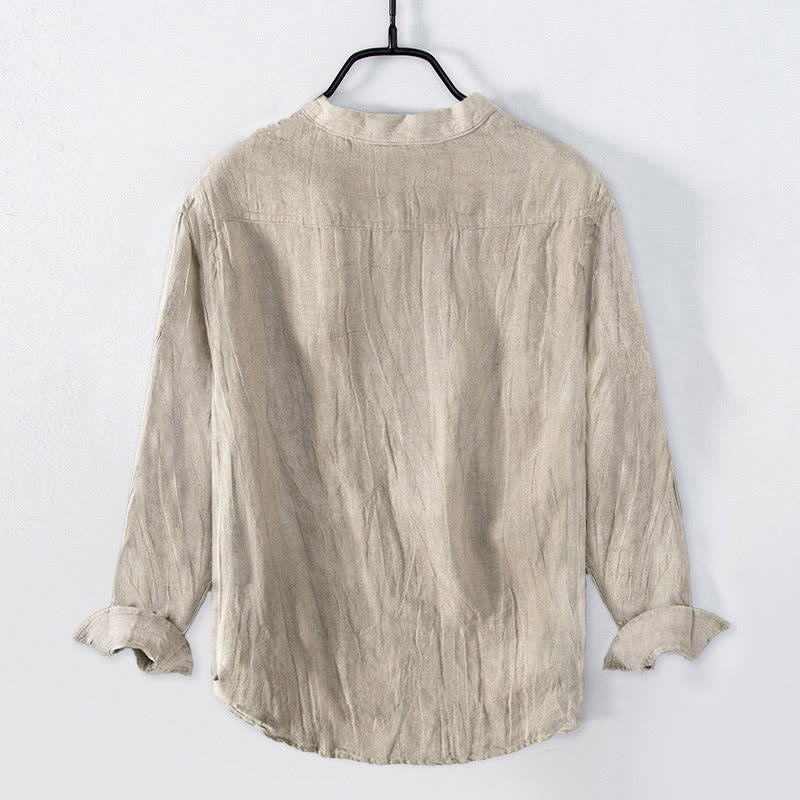 Buddha Stones蓮柄 ハーフボタン メンズ コットンリネン 長袖シャツ - image 1