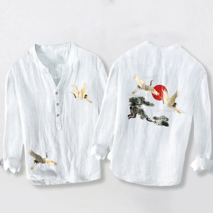 Buddha Stones、鶴、赤い太陽、松の木の模様、ハーフボタン、メンズコットンリネン長袖シャツ - 白 - US/UK/AU50、EU60 (5XL) - image 6