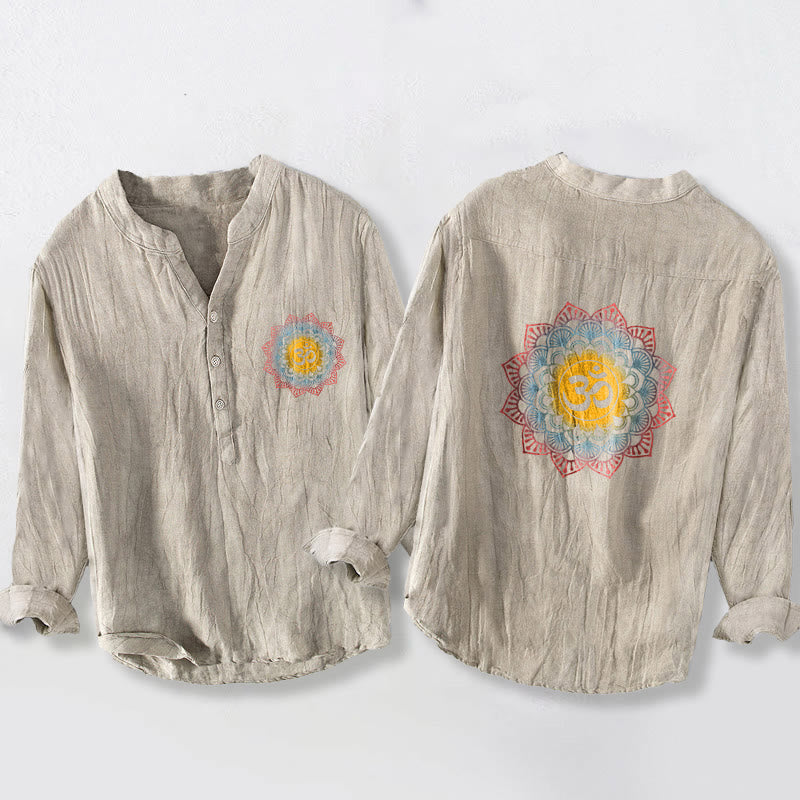 Buddha Stonesハーフボタン マンダラ オムシンボル柄 メンズ コットンリネン 長袖シャツ - リネン - US/UK/AU50、EU60（5XL） - image 3