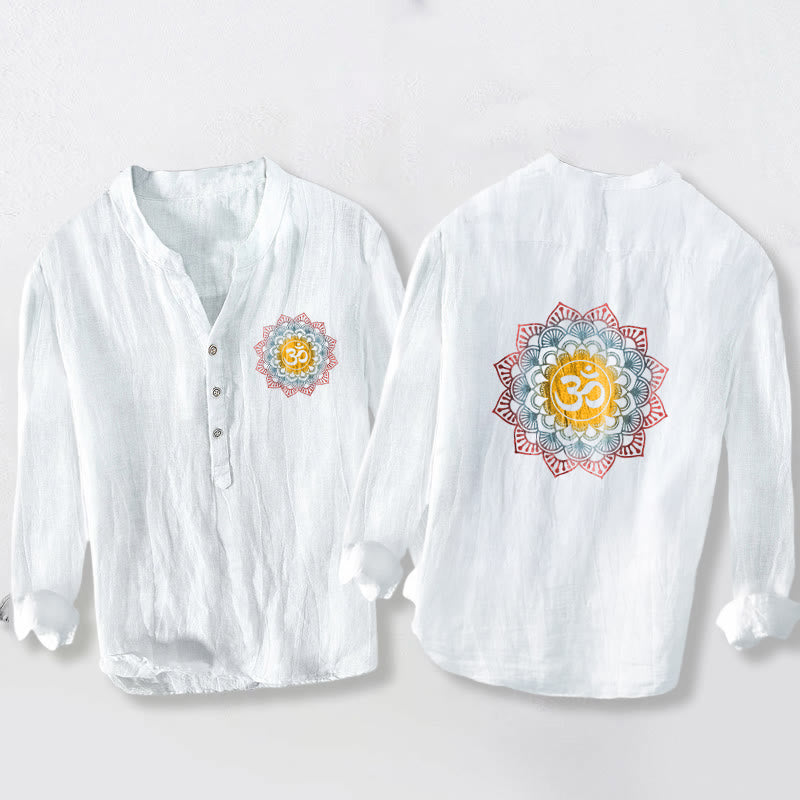 Buddha Stonesハーフボタン マンダラ オムシンボル柄 メンズ コットンリネン 長袖シャツ - 白 - US/UK/AU50、EU60（5XL） - image 0