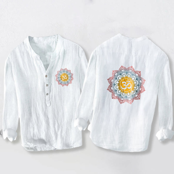 Buddha Stonesハーフボタン マンダラ オムシンボル柄 メンズ コットンリネン 長袖シャツ - 白 - US/UK/AU50、EU60（5XL） - image 0