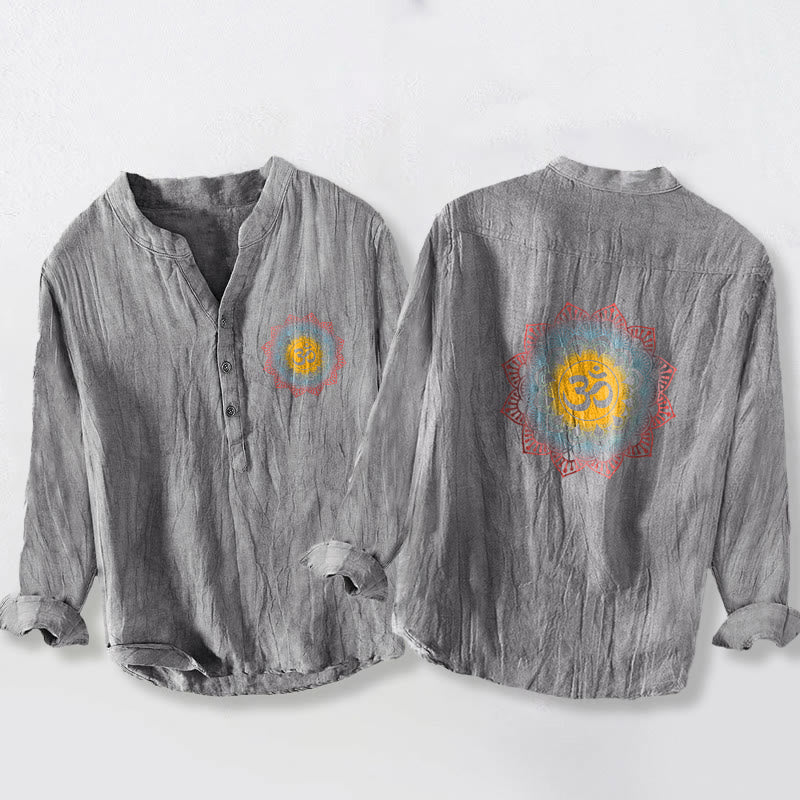Buddha Stonesハーフボタン マンダラ オムシンボル柄 メンズ コットンリネン 長袖シャツ - グレー - US/UK/AU50、EU60（5XL） - image 6