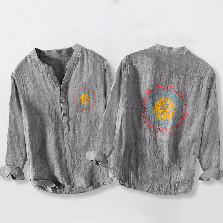 Buddha Stonesハーフボタン マンダラ オムシンボル柄 メンズ コットンリネン 長袖シャツ - グレー - US/UK/AU50、EU60（5XL） - image 6