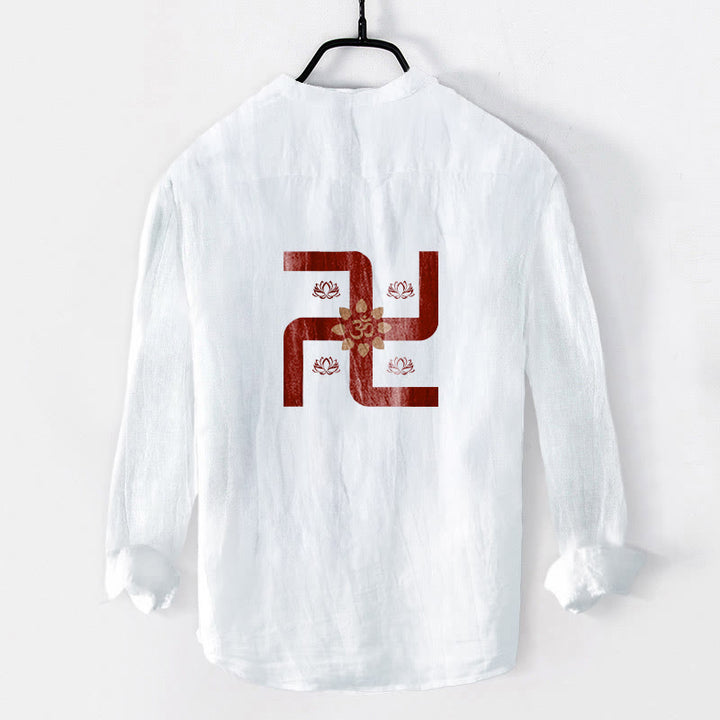 Buddha Stonesハーフボタン 蓮華 卍 オムシンボル柄 メンズ コットンリネン 長袖シャツ - image 8