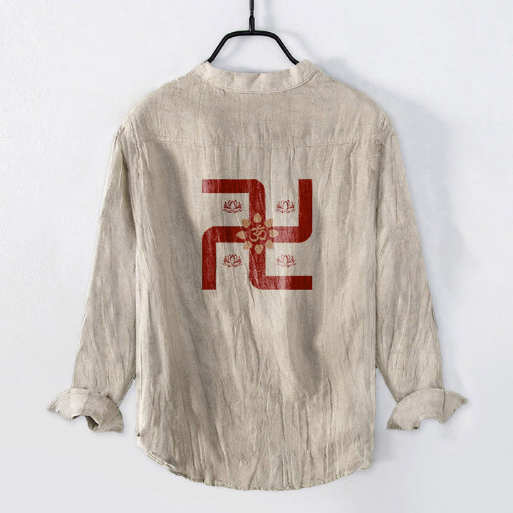 Buddha Stonesハーフボタン 蓮華 卍 オムシンボル柄 メンズ コットンリネン 長袖シャツ - image 2