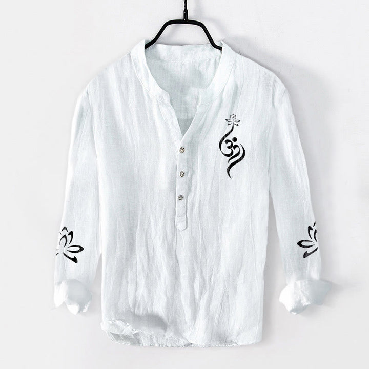 Buddha Stonesハーフボタン 蓮の花 Om シンボル プリント柄 メンズ コットンリネン 長袖シャツ - 白 - US/UK/AU50、EU60 (5XL) - image 6