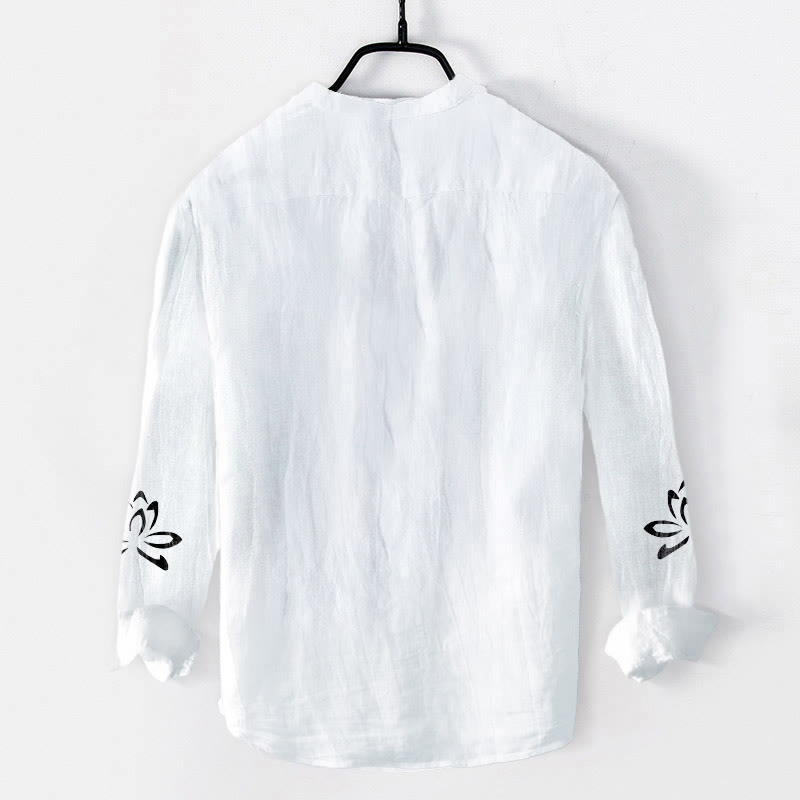 Buddha Stonesハーフボタン 蓮の花 Om シンボル プリント柄 メンズ コットンリネン 長袖シャツ - image 7