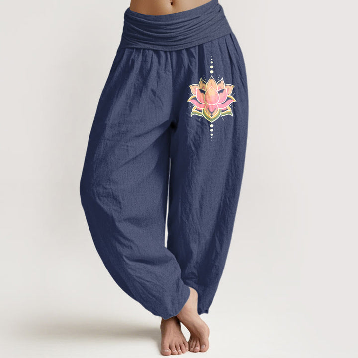 Buddha Stonesピュアコットン ピンク 蓮の花柄 レディース 伸縮性ウエスト ハーレムパンツ - ダークスレートブルー - US22、 UK/AU26、 EU54 (6XL) - image 8