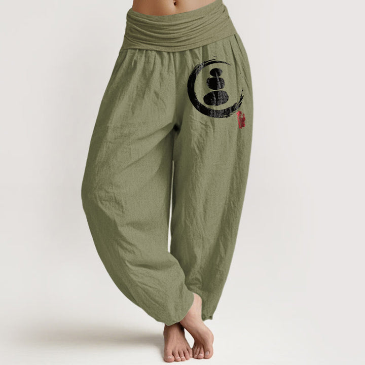 Buddha Stonesエンソサークル積み石模様レディース伸縮性ウエストハーレムコットンパンツ - オリーブドラブ - US22、 UK/AU26、 EU54 (6XL) - image 0