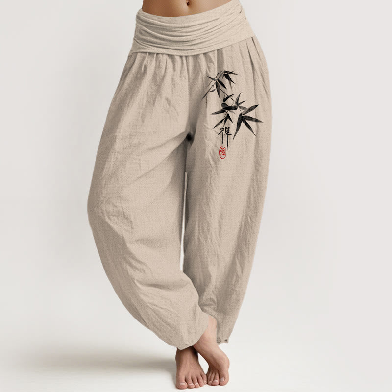 Buddha Stonesピュアコットン 竹 禅柄 レディース 伸縮性ウエスト ハーレムパンツ - タン - US22、 UK/AU26、 EU54 (6XL) - image 0