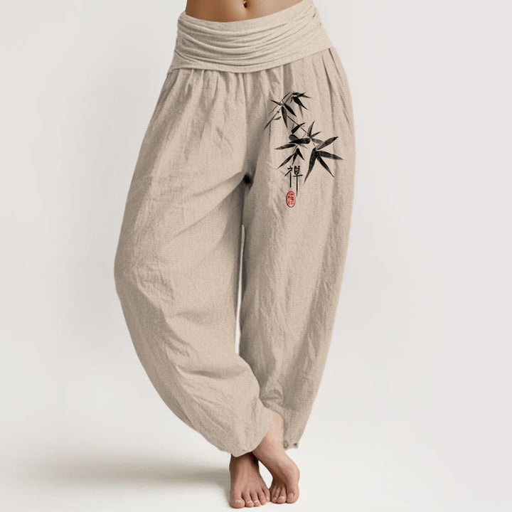 Buddha Stonesピュアコットン 竹 禅柄 レディース 伸縮性ウエスト ハーレムパンツ - タン - US22、 UK/AU26、 EU54 (6XL) - image 0
