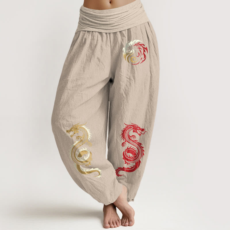 Buddha Stonesピュアコットン ドラゴン柄 レディース 伸縮性ウエスト ハーレムパンツ - タン - US22、 UK/AU26、 EU54 (6XL) - image 11