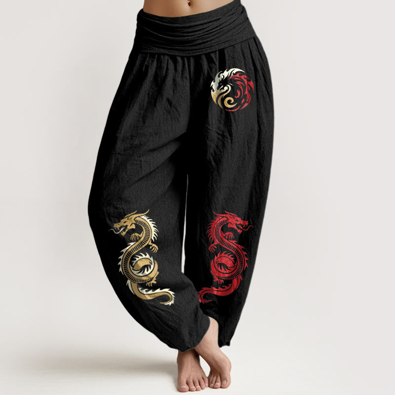 Buddha Stonesピュアコットン ドラゴン柄 レディース 伸縮性ウエスト ハーレムパンツ - 黒 - US22、 UK/AU26、 EU54 (6XL) - image 0