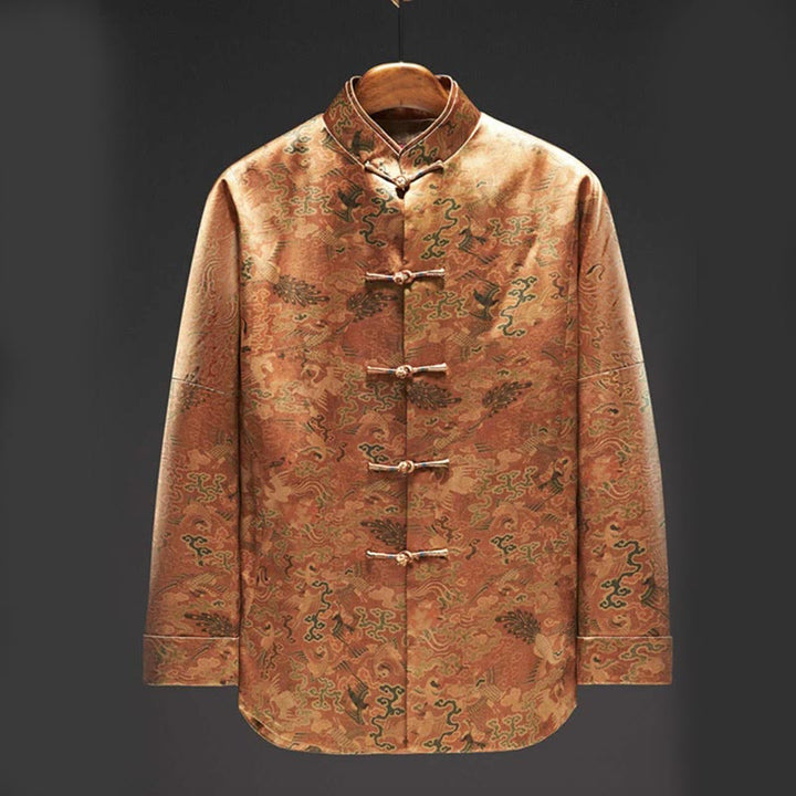 Buddha Stones 100% マルベリーシルク 30匁 鳳凰 吉祥雲 長袖 メンズジャケット - ゴールデンロッド - US/UK/AU44、 EU54 (4XL) - image 0