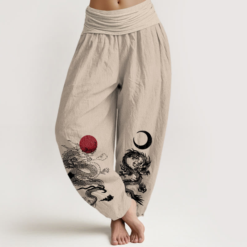 Buddha Stonesピュアコットン ドラゴン サンムーン柄 レディース 伸縮性ウエスト ハーレムパンツ - タン - US22、 UK/AU26、 EU54 (6XL) - image 11