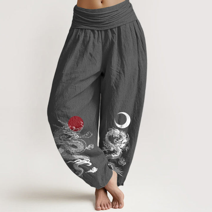 Buddha Stonesピュアコットン ドラゴン サンムーン柄 レディース 伸縮性ウエスト ハーレムパンツ - 薄暗い灰色 - US22、 UK/AU26、 EU54 (6XL) - image 8