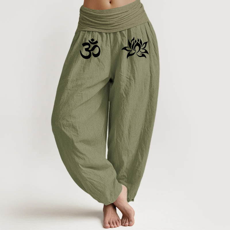 Buddha Stones無地ピュアコットン ロータス オムシンボル柄 レディース 伸縮性ウエスト ハーレムパンツ - オリーブドラブ - US22、 UK/AU26、 EU54 (6XL) - image 14