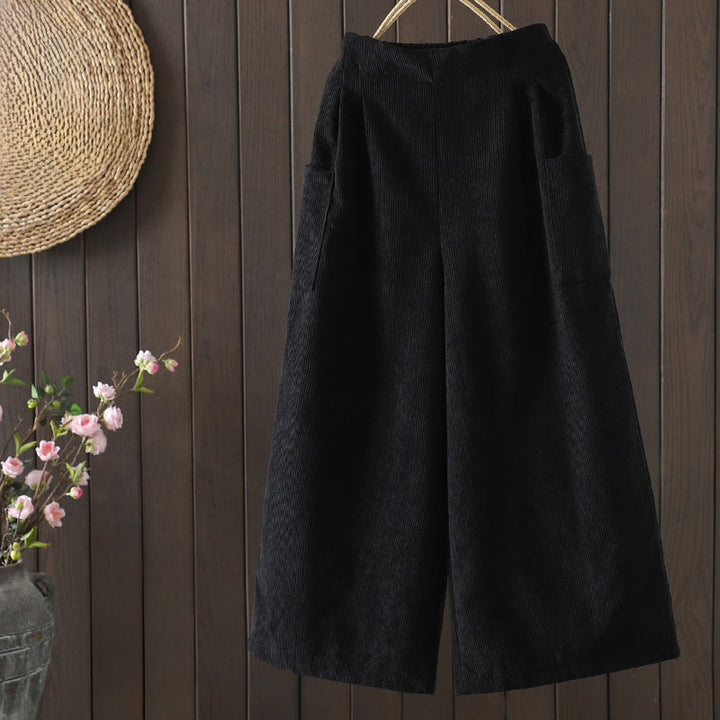 Buddha Stonesフリース裏地 ハイウエスト レディース ワイドレッグ コーデュロイ コットンパンツ ポケット付き - 黒 - US8-10，UK/AU12-14，EU40-42 (2XL) - image 10