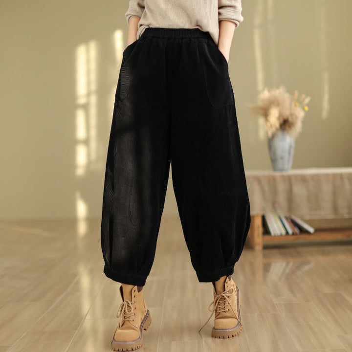 Buddha Stones無地 伸縮性ウエストバンドデザイン レディース コーデュロイ ハーレムパンツ ポケット付き - 黒 - US8-10，UK/AU12-14，EU40-42 (2XL) - image 6