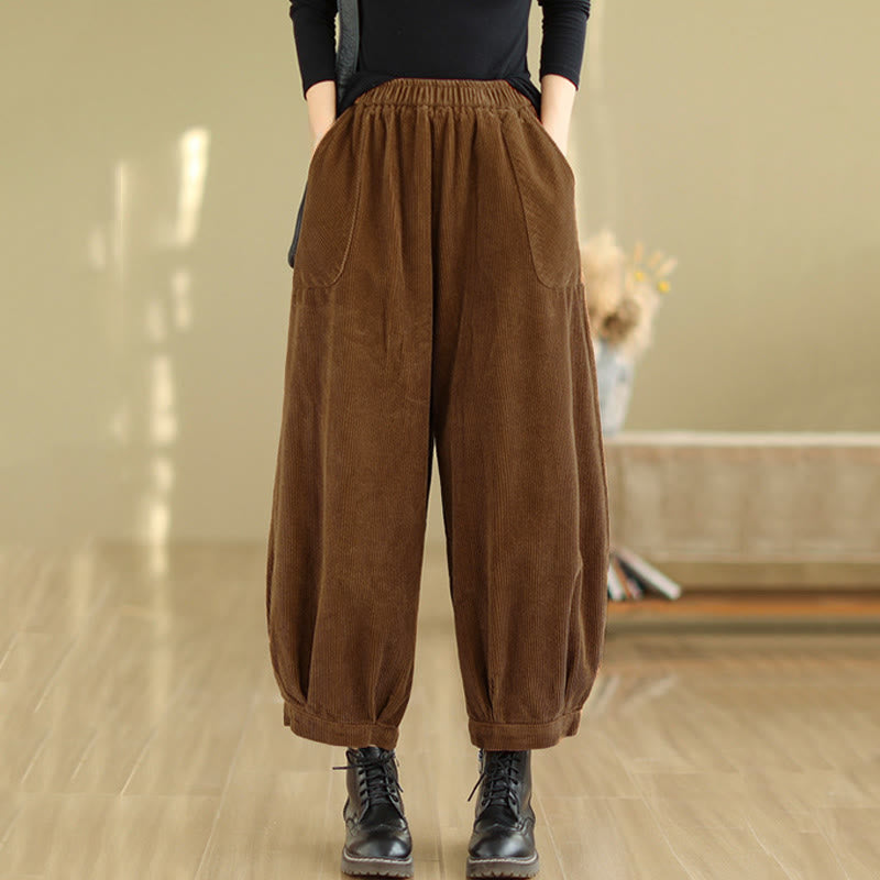 Buddha Stones無地 伸縮性ウエストバンドデザイン レディース コーデュロイ ハーレムパンツ ポケット付き - image 1