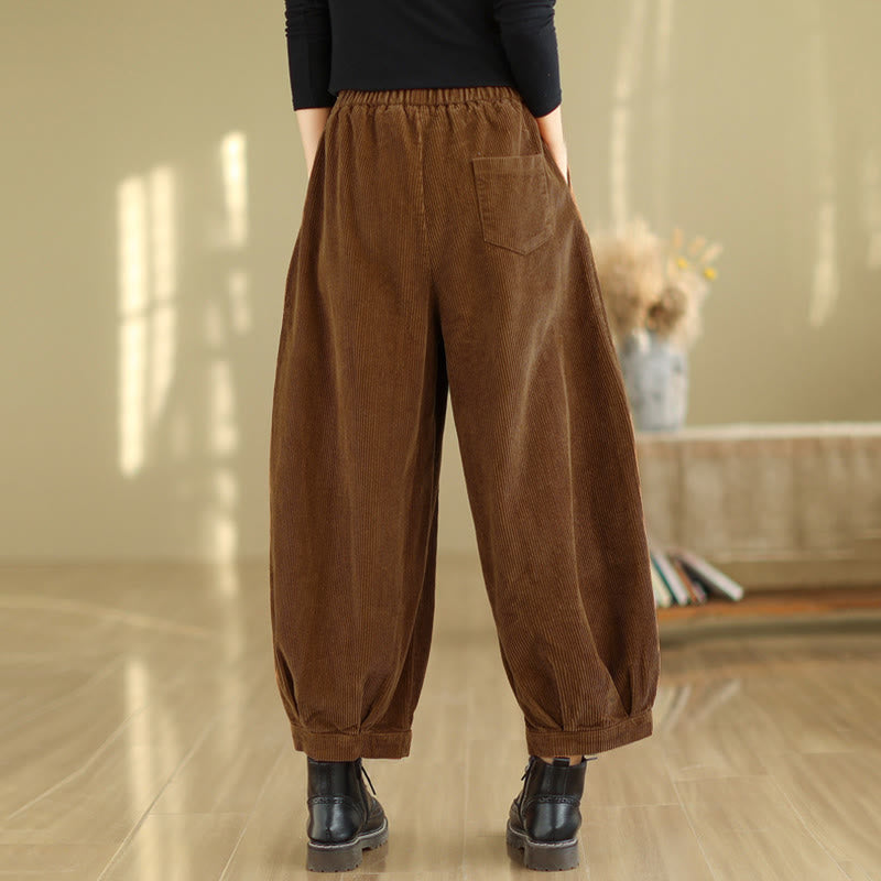 Buddha Stones無地 伸縮性ウエストバンドデザイン レディース コーデュロイ ハーレムパンツ ポケット付き - image 4