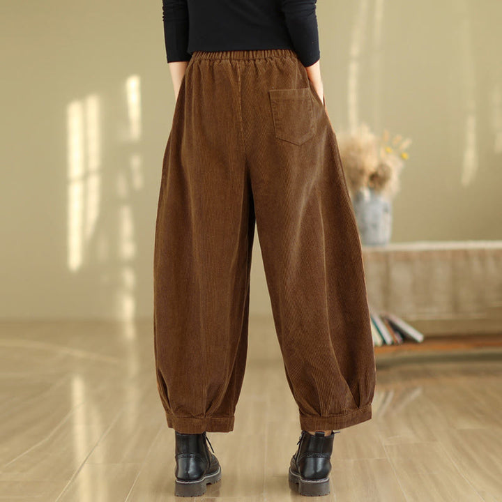 Buddha Stones無地 伸縮性ウエストバンドデザイン レディース コーデュロイ ハーレムパンツ ポケット付き - image 4