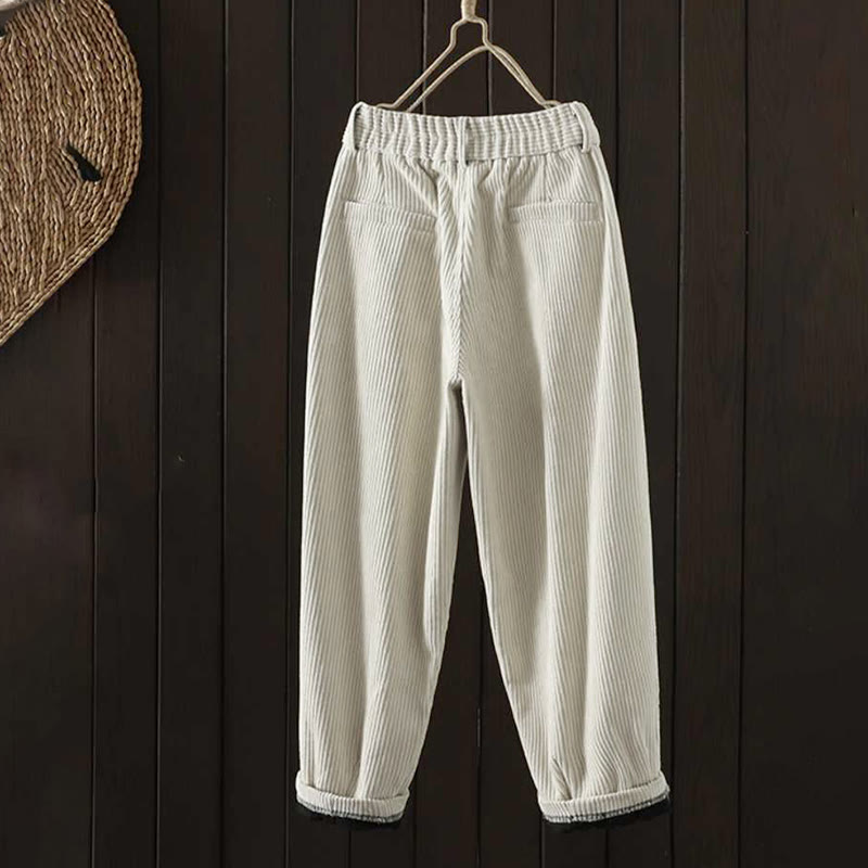 Buddha Stonesレディース 冬用 無地 コーデュロイ コットン ハイウエスト フリース裏地 ハーレムパンツ ポケット付き - image 1