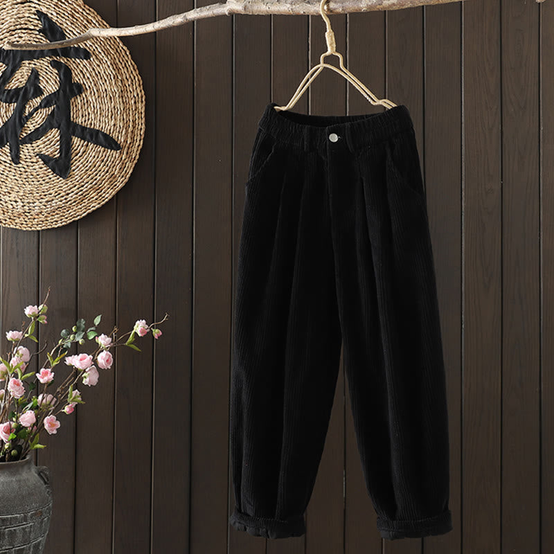 Buddha Stonesレディース 冬用 無地 コーデュロイ コットン ハイウエスト フリース裏地 ハーレムパンツ ポケット付き - image 12