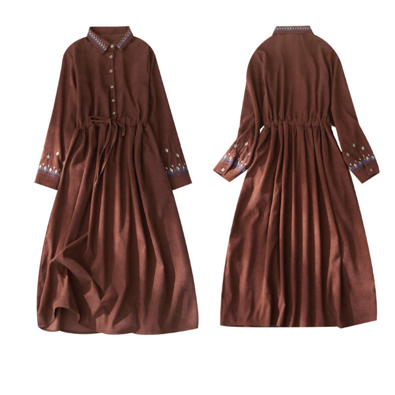 Buddha Stones刺繍花柄レースアップデザイン長袖ミディドレス（ポケット付き） - image 9