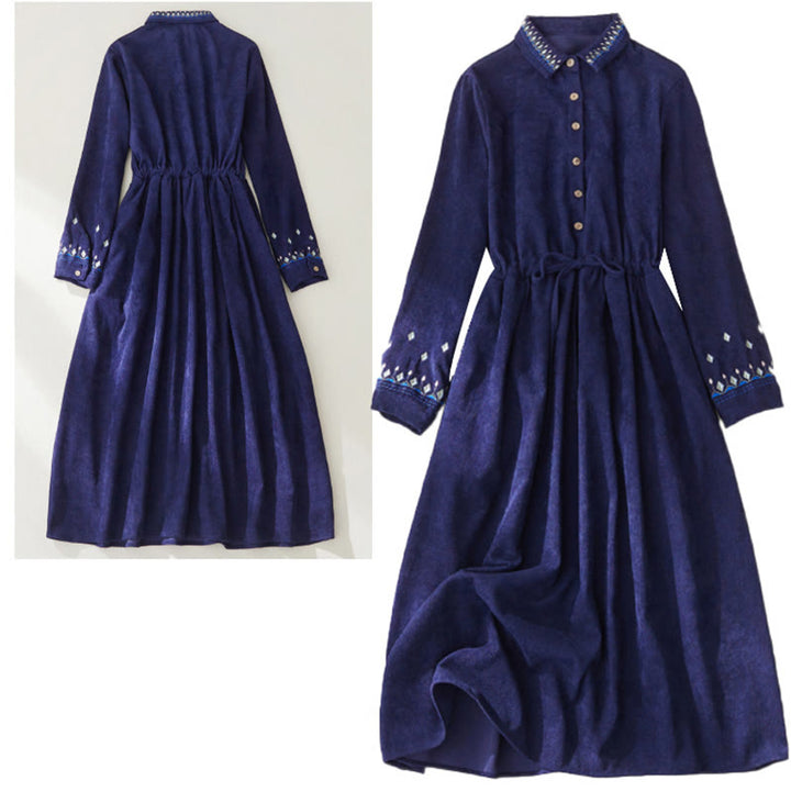 Buddha Stones刺繍花柄レースアップデザイン長袖ミディドレス（ポケット付き） - image 14