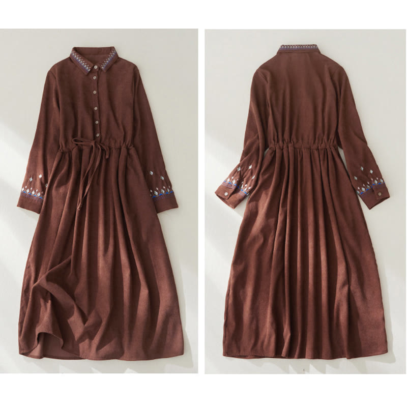 Buddha Stones刺繍の花柄レースアップデザイン長袖ミディドレス（ポケット付き） - image 7