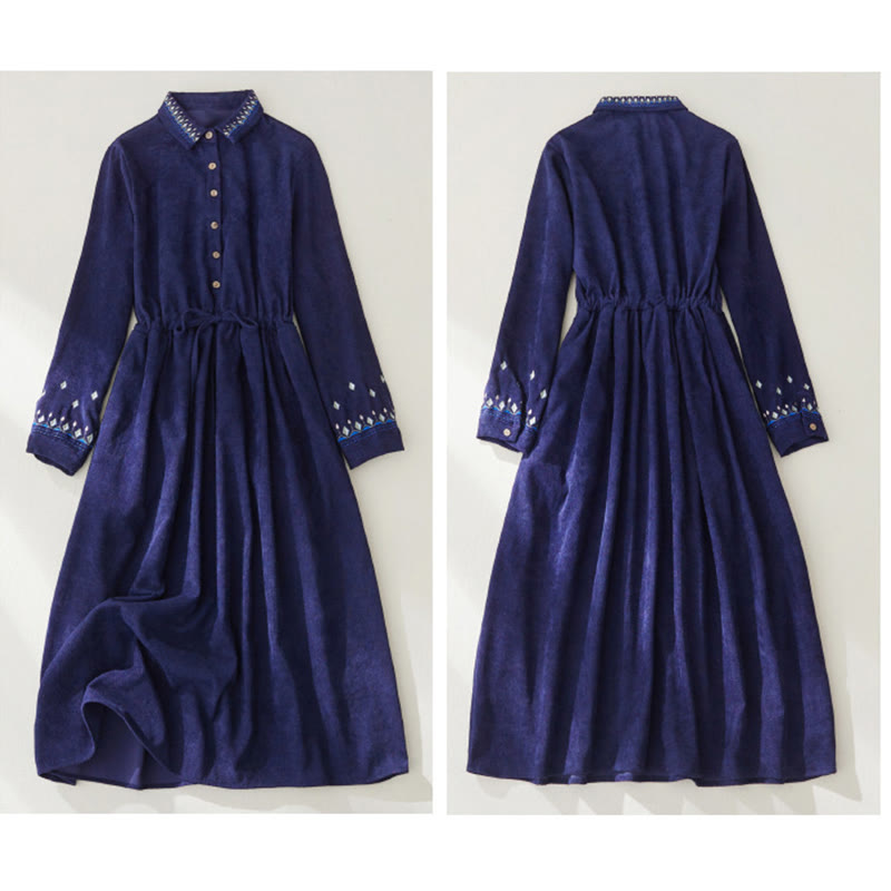 Buddha Stones刺繍の花柄レースアップデザイン長袖ミディドレス（ポケット付き） - image 13