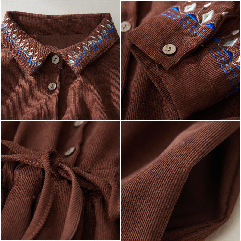 Buddha Stones刺繍花柄レースアップデザイン長袖ミディドレス（ポケット付き） - image 6