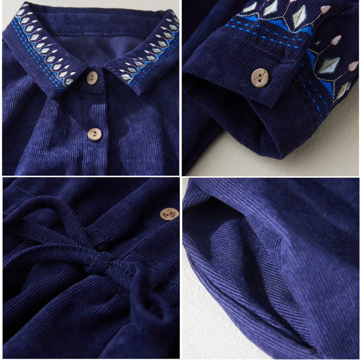 Buddha Stones刺繍花柄レースアップデザイン長袖ミディドレス（ポケット付き） - image 12