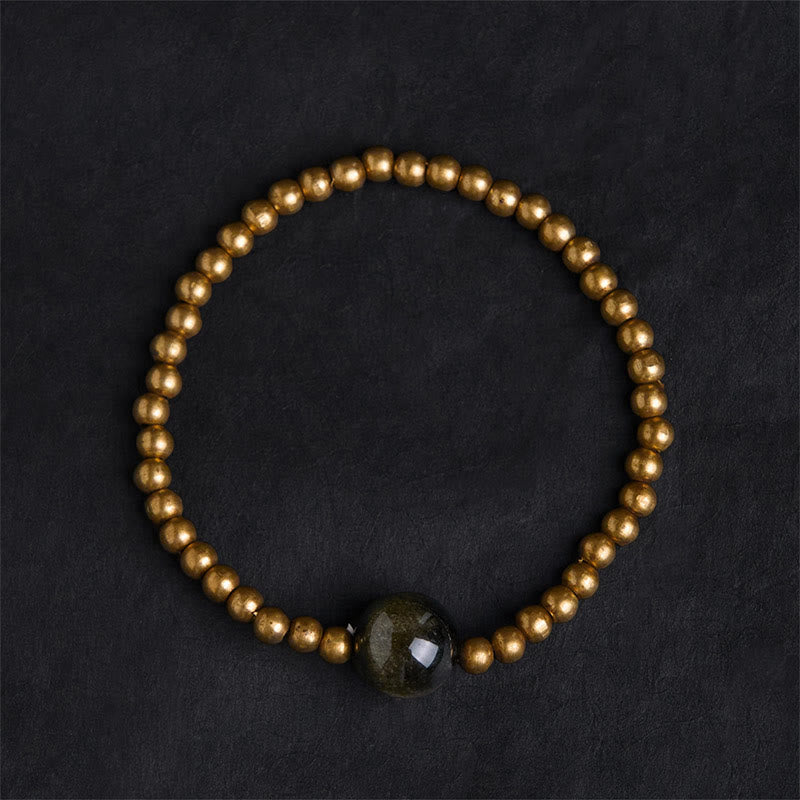 Buddha Stonesメッキ銅真鍮金光沢黒曜石 守護開運財運ブレスレット - image 1