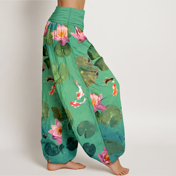 Buddha Stonesプリント鯉の花柄レディース伸縮性ウエストハーレムピュアコットンパンツ - image 6