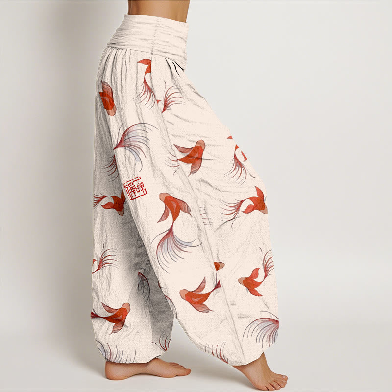 Buddha Stonesプリント 純綿 鯉鯉レディース 伸縮性ウエスト ハーレムパンツ - image 1