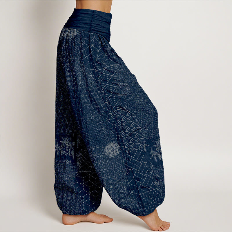 Buddha Stones幾何学模様レディース伸縮性ウエストハーレムピュアコットンプリントパンツ - image 1
