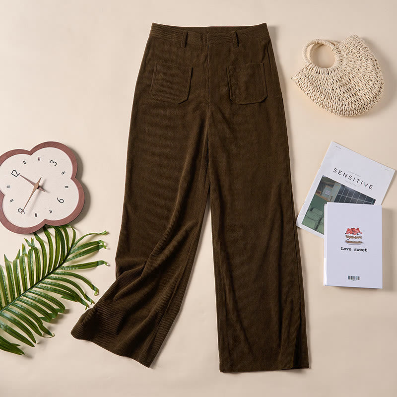 Buddha Stonesプレーンコーデュロイポリエステルレディースボタンワイドレッグパンツ（ポケット付き） - image 3