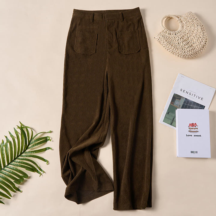 Buddha Stonesプレーンコーデュロイポリエステルレディースボタンワイドレッグパンツ（ポケット付き） - サドルブラウン - US14、 UK/AU18、 EU46 (2XL) - image 0