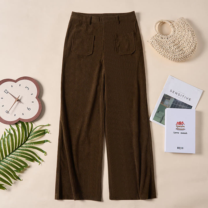Buddha Stonesプレーンコーデュロイポリエステルレディースボタンワイドレッグパンツ（ポケット付き） - image 1