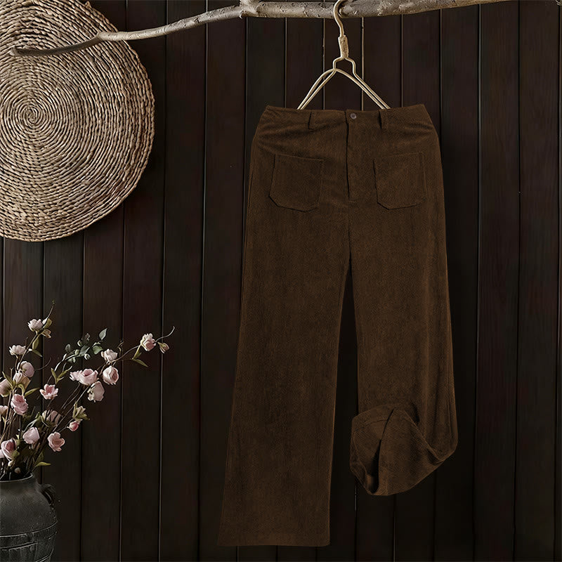 Buddha Stonesプレーンコーデュロイポリエステルレディースボタンワイドレッグパンツ（ポケット付き） - image 4