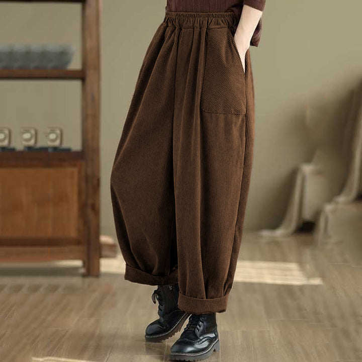 Buddha Stones冬用 無地 アンクル丈 シンプルデザイン レディース コーデュロイ ハーレムパンツ ポケット付き - image 7