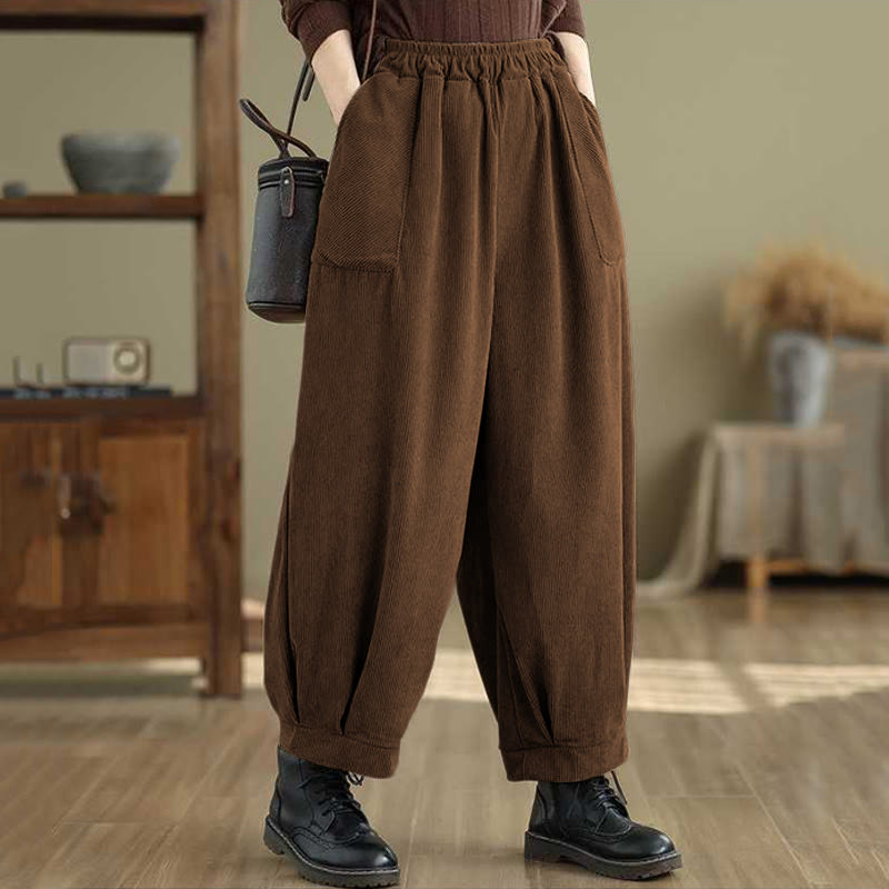 Buddha Stones冬用 無地 アンクル丈 シンプルデザイン レディース コーデュロイ ハーレムパンツ ポケット付き - image 10