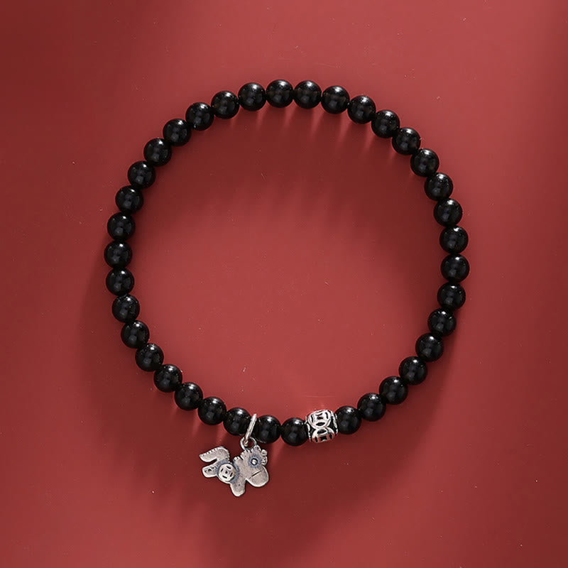 Buddha Stones馬年 925スターリングシルバー 天然黒曜石強さブレスレット - 馬と925スターリングシルバー、ブラックオブシディアン（手首周り16～17cm） - image 0